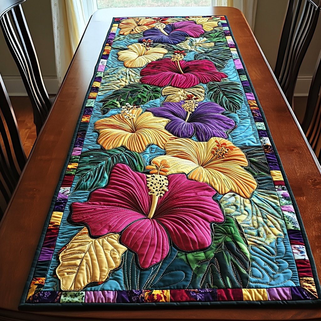 Bright Hibiscus on Blue Panel Table Runner