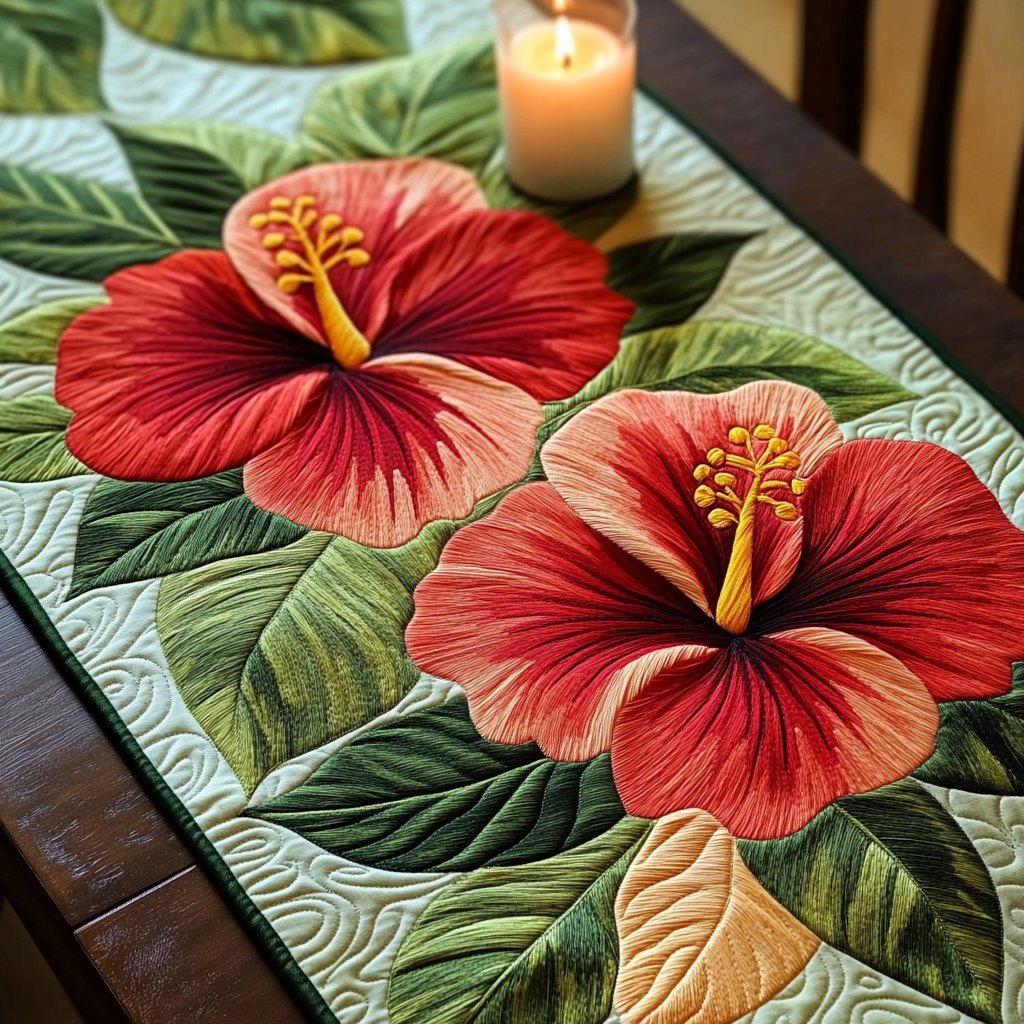 Red Hibiscus on Cream Quilt Table Runner