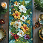 White and Yellow Hibiscus on Green Table Runner
