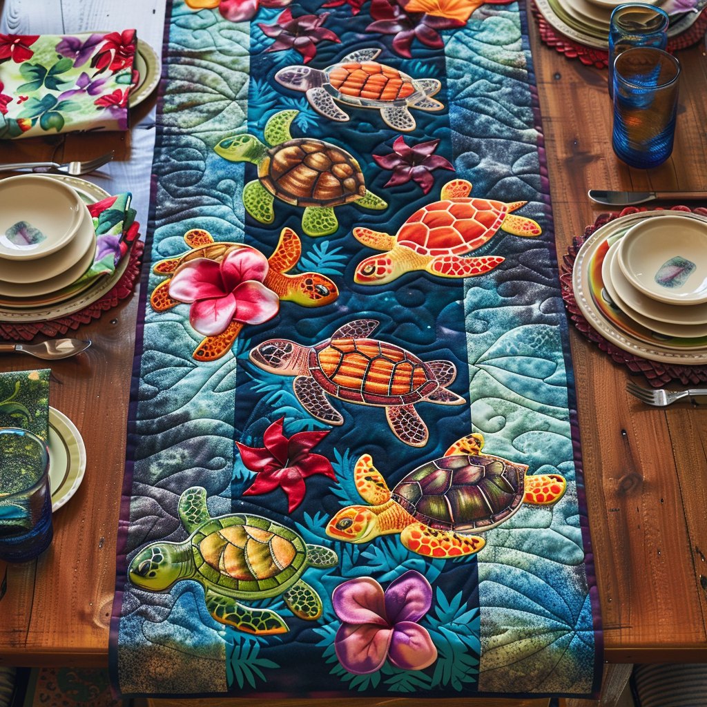 Sea Turtles with Hibiscus on Blue Table Runner