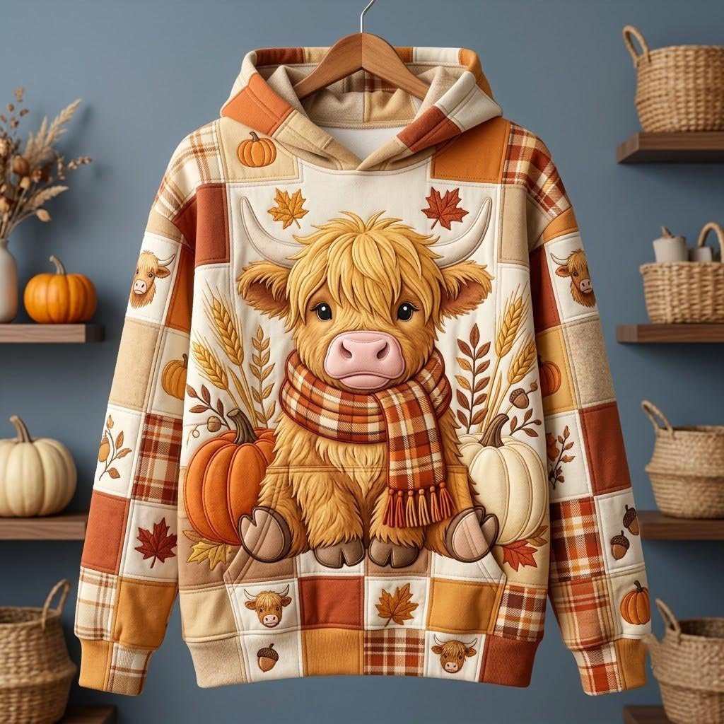 Highland Cow with Scarf and Wheat hoodie, all-over print