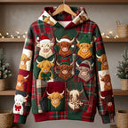 Highland Cow Christmas Plaid Blocks hoodie, all-over print