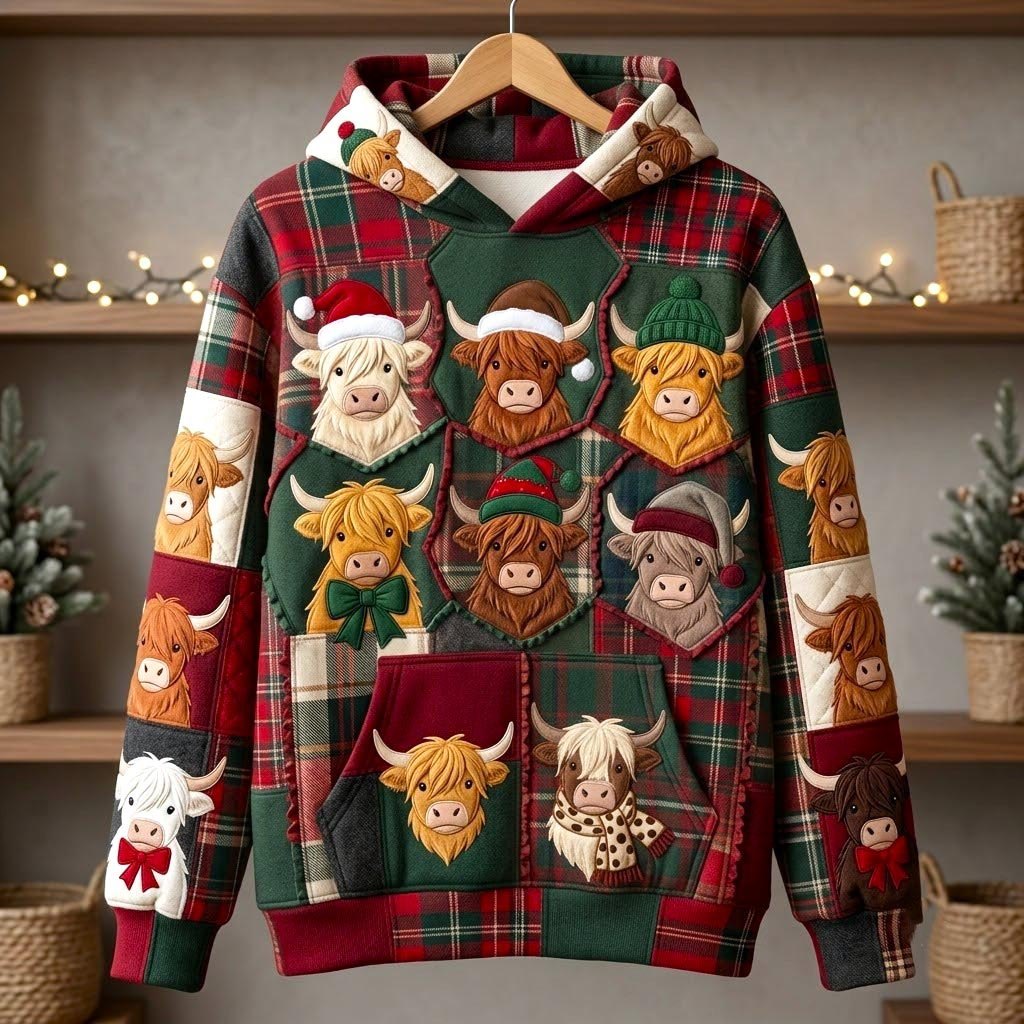 Highland Cow Christmas Plaid Blocks hoodie, all-over print