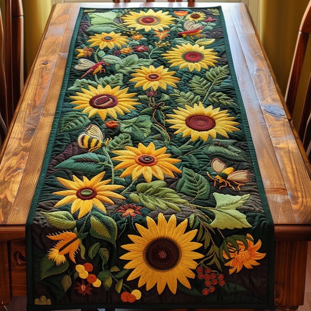 Sunflowers and Birds on Dark Green Table Runner