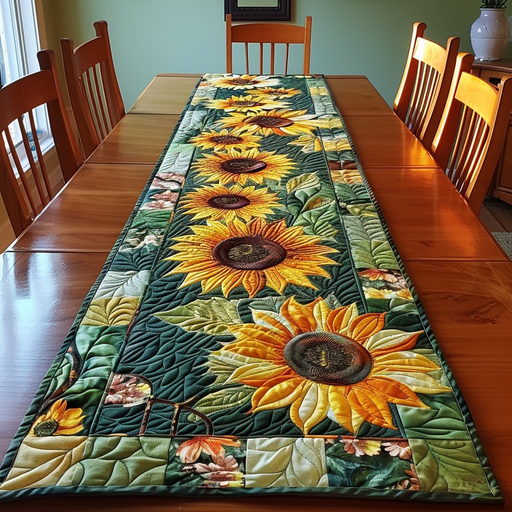 Sunflowers on Green Striped Panel Table Runner