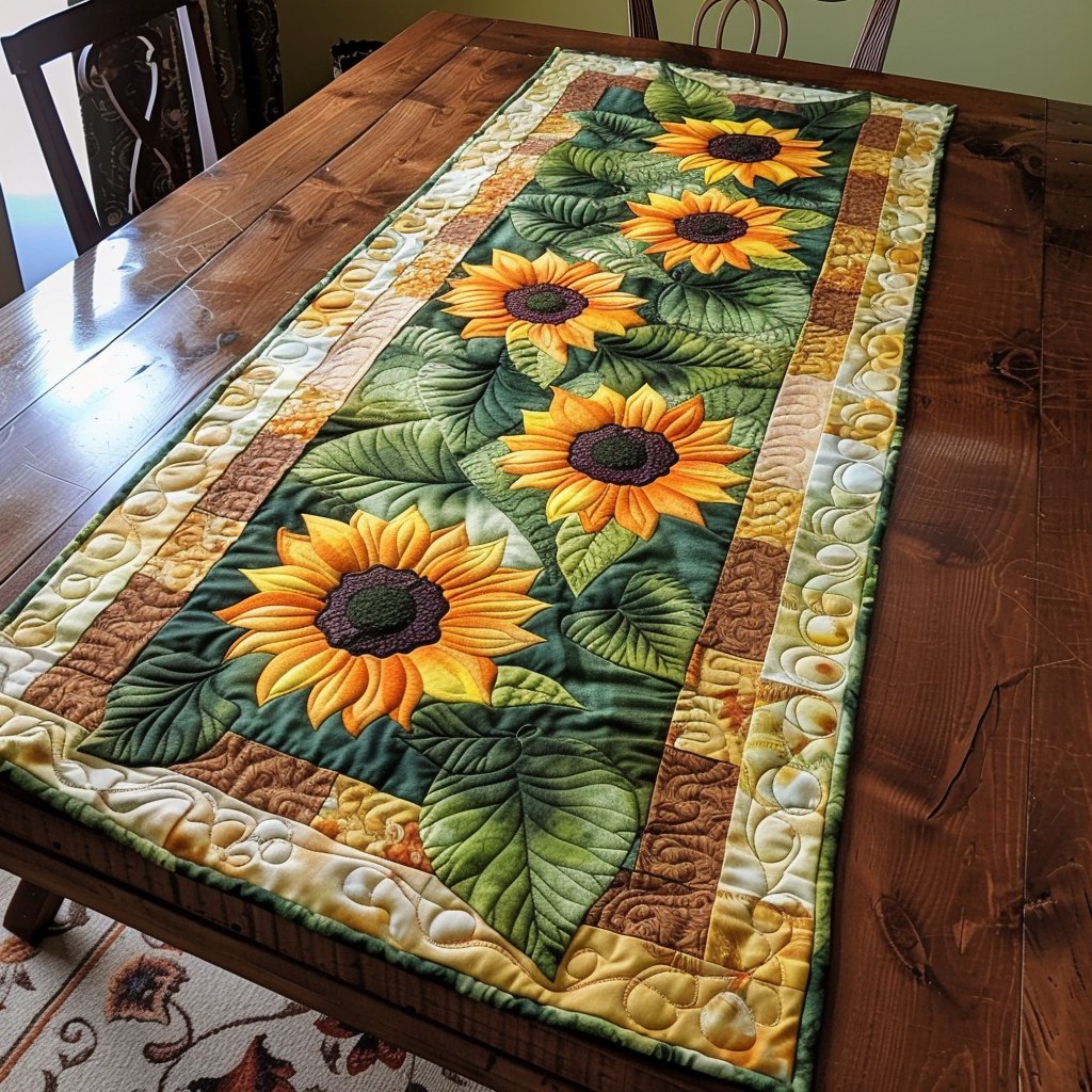 Sunflowers on Cream with Green Leaves Table Runner