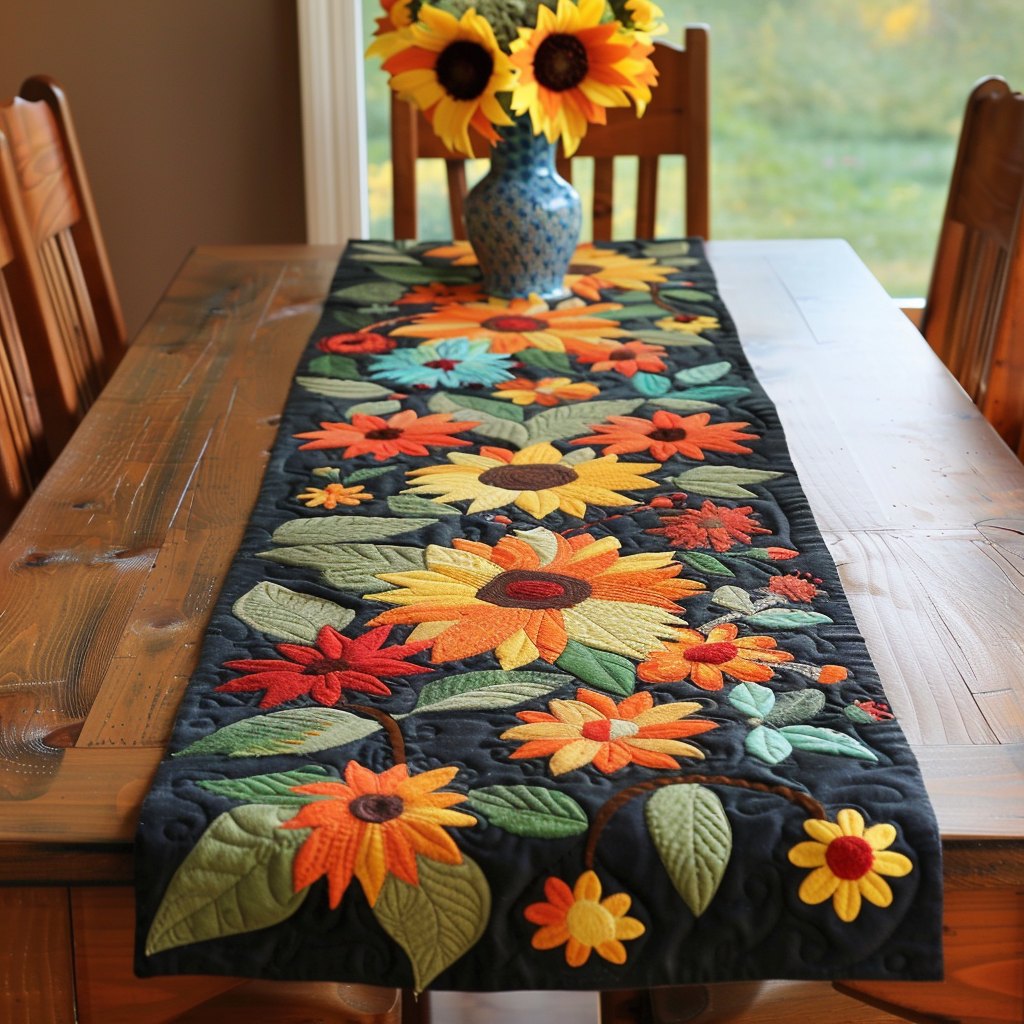Orange Blossoms on Black Ground Table Runner