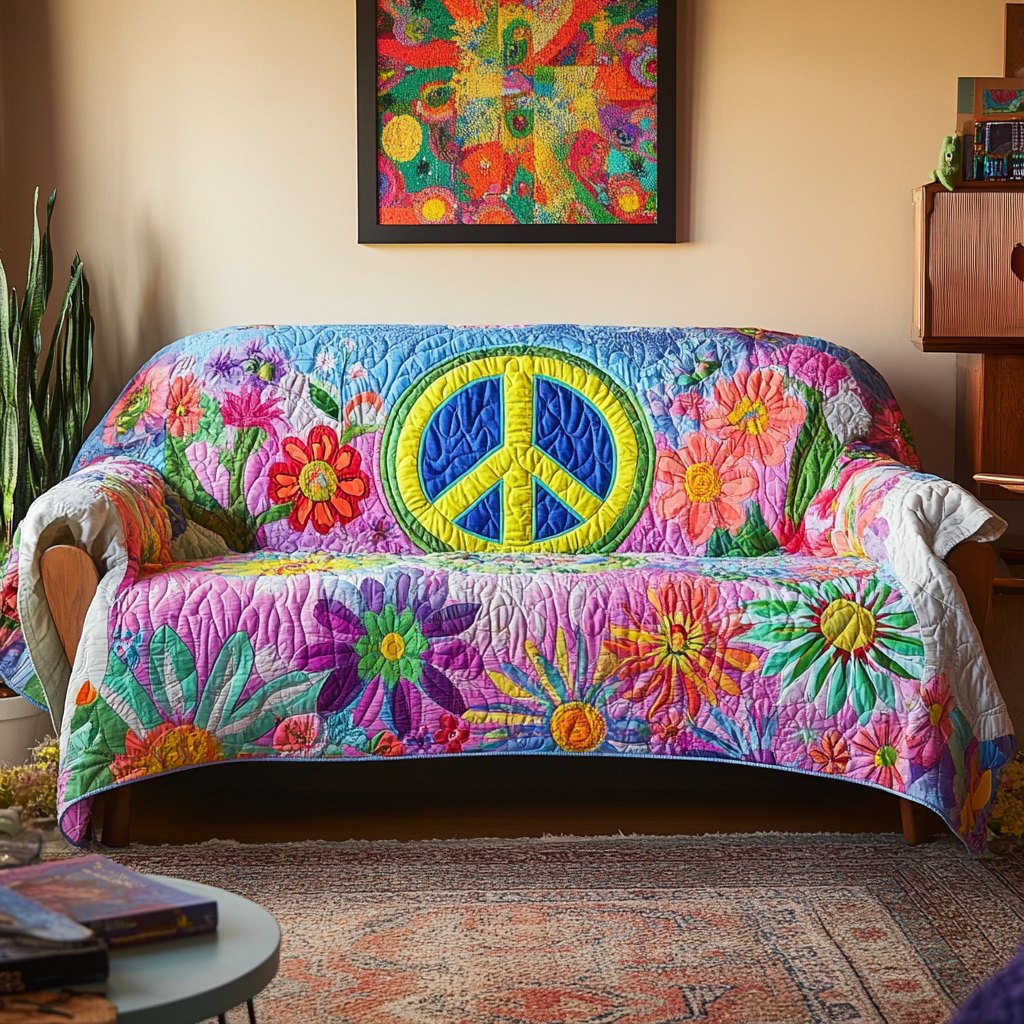Yellow Peace Sign with Bright Flowers Sofa Cover