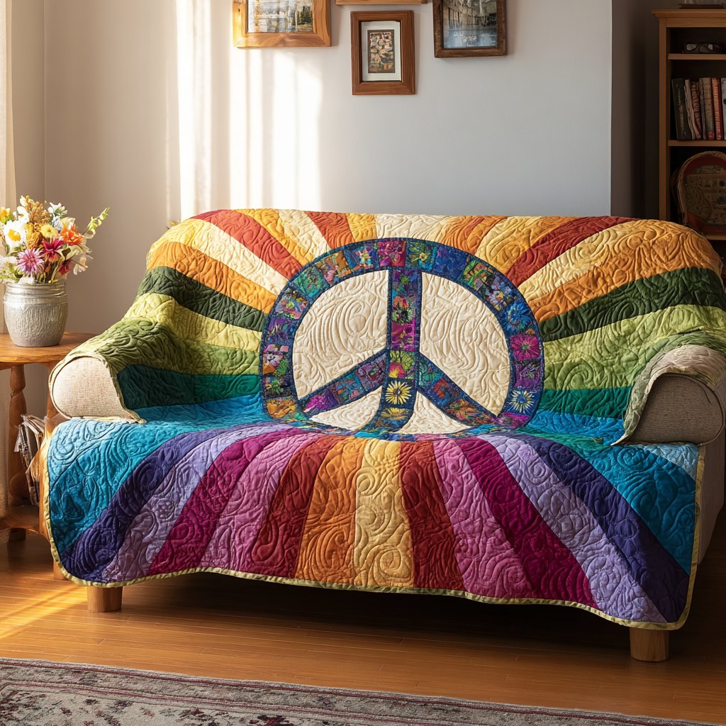 Peace Sign on Rainbow Stripes Sofa Cover