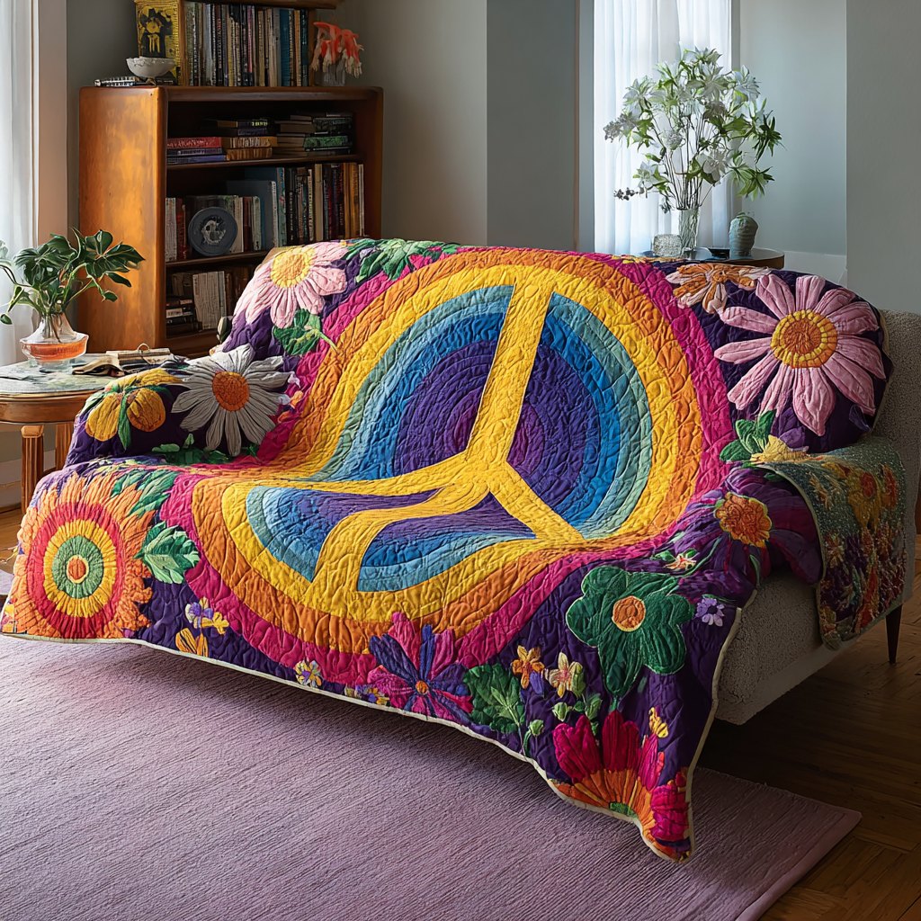 Yellow Peace Sign on Pink and Blue Sofa Cover