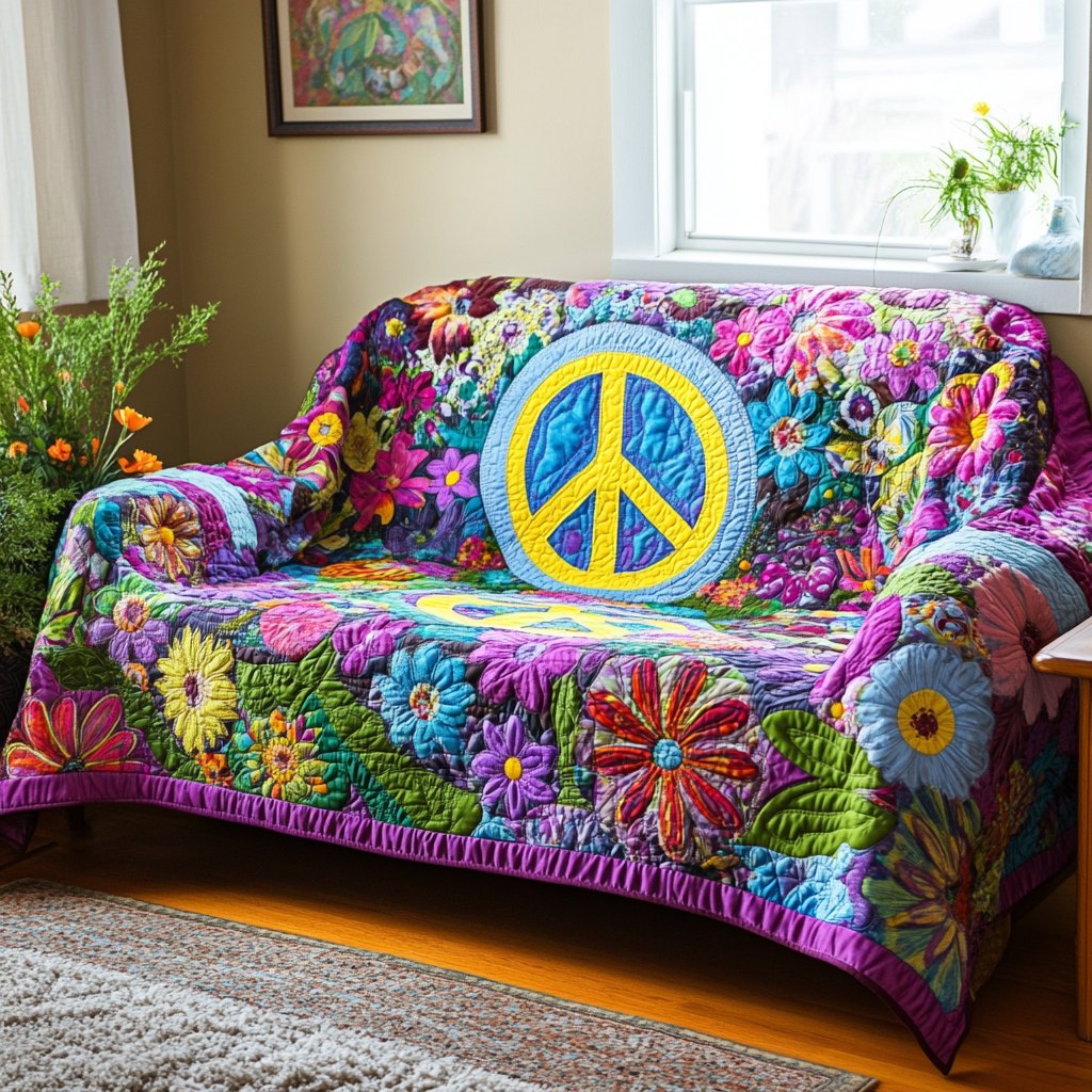 Yellow Peace Sign on Purple Blooms Sofa Cover