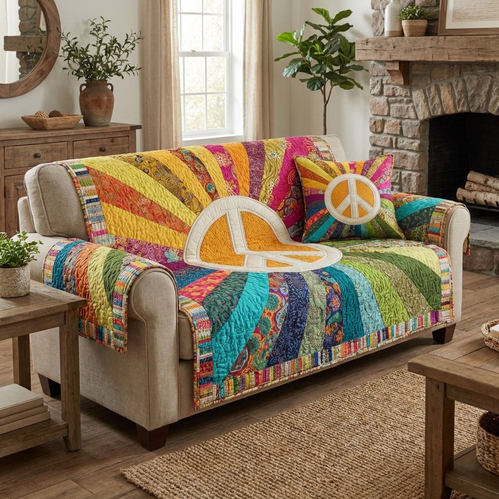 Peace Signs on the Rainbow Sunburst Sofa Cover