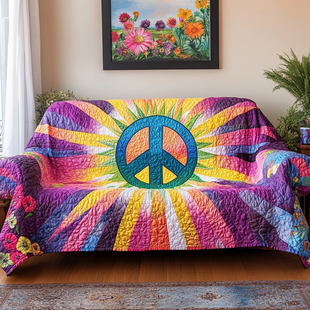 Blue Peace Sign on Rainbow Rays Sofa Cover