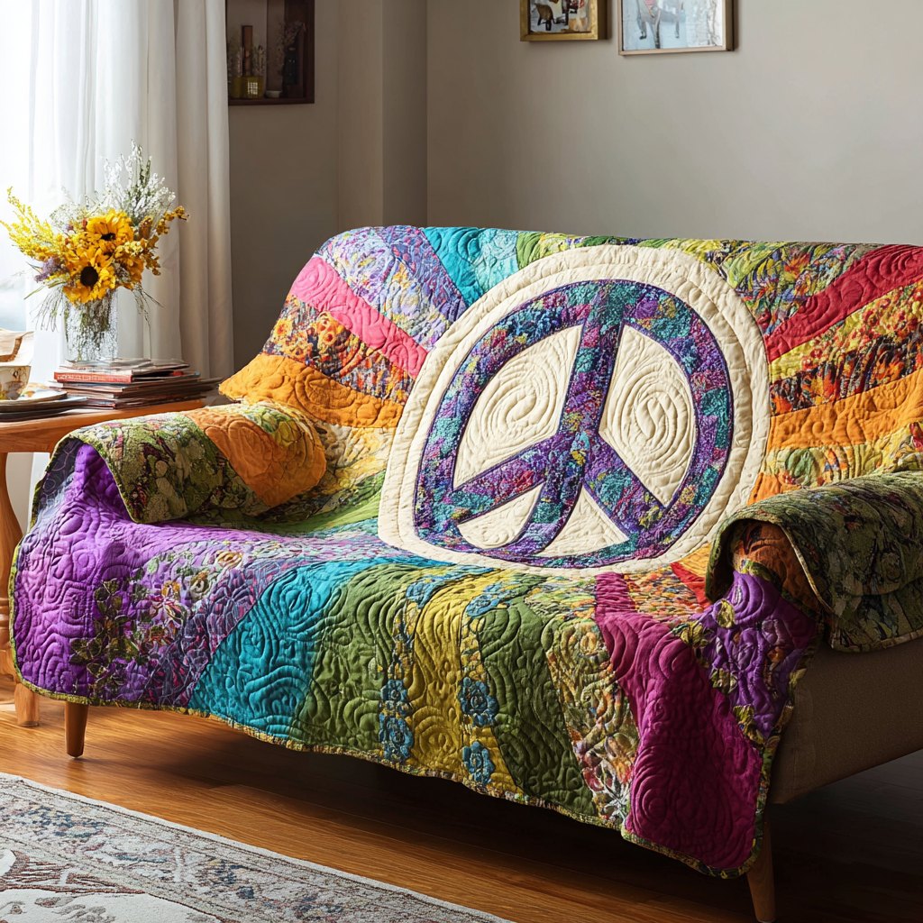 Cream Peace Sign on Purple and Green Sofa Cover