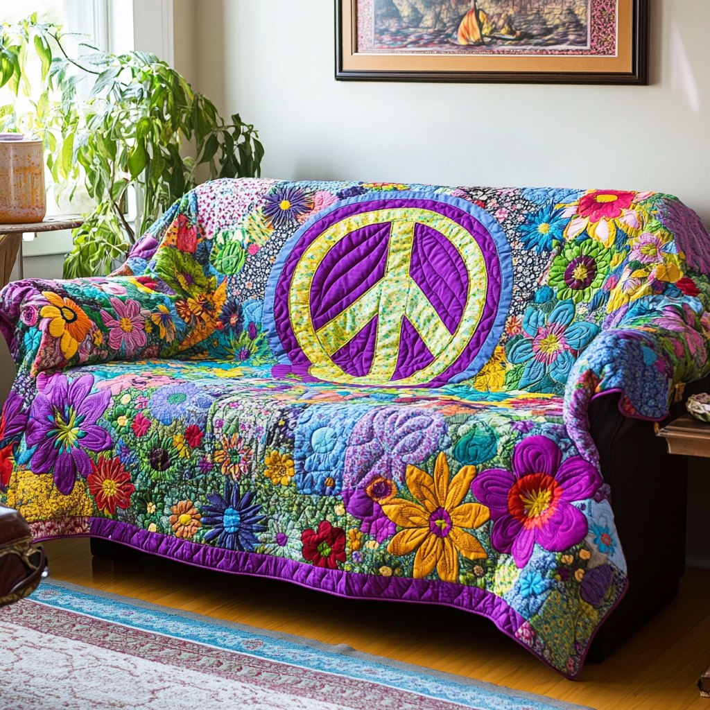 Purple Peace Sign with Garden Flowers Sofa Cover