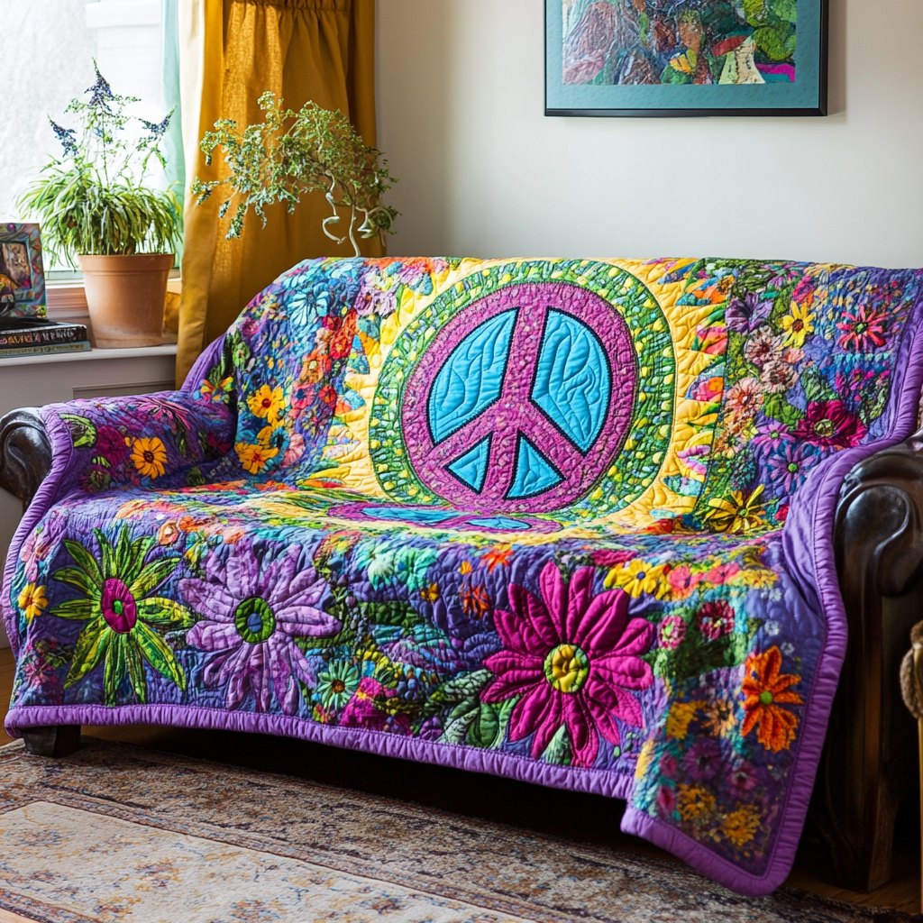 Blue Peace Sign with Pink Flowers Sofa Cover
