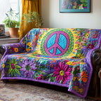 Blue Peace Sign with Pink Flowers Sofa Cover