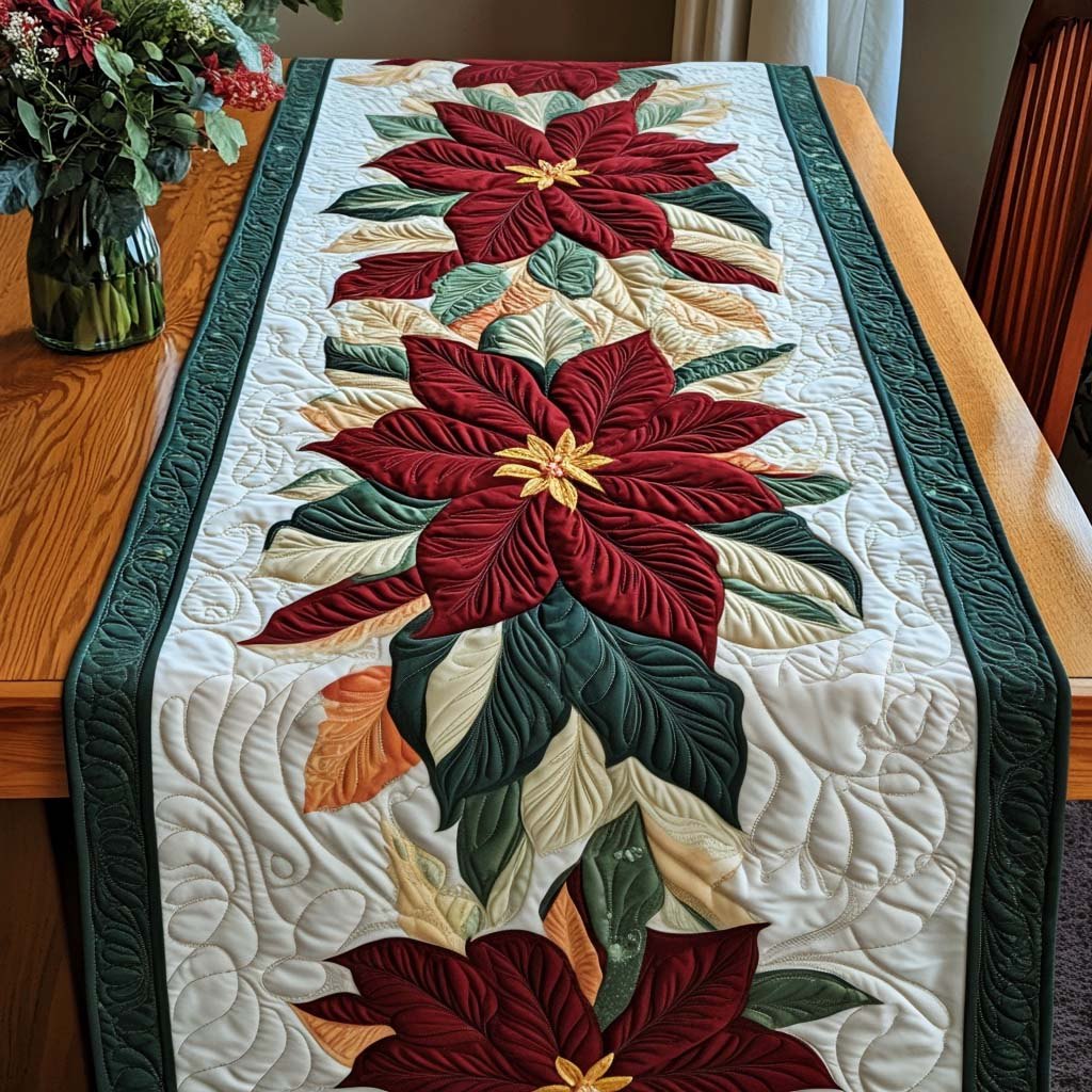 Red Poinsettias with Green Border Table Runner