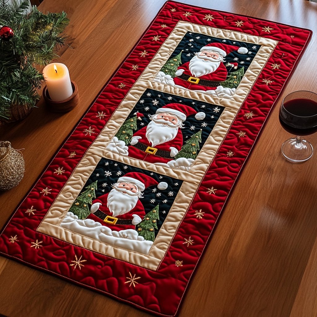Santa Squares on Red Panel Table Runner