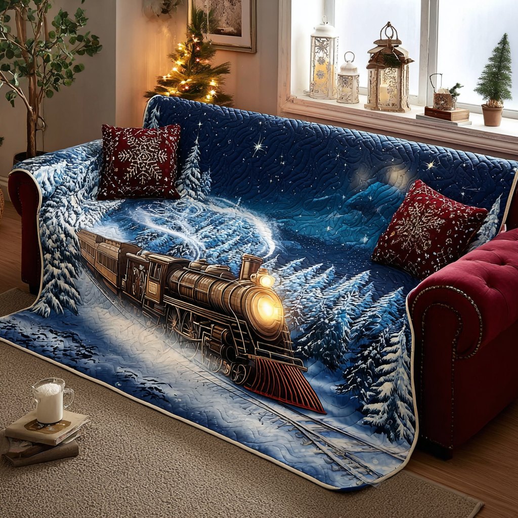 Golden Train Through the Winter Forest Sofa Cover