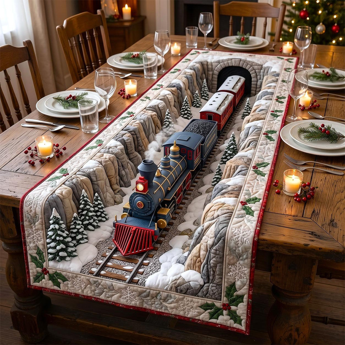 Blue Locomotive Snow Tunnel Table Runner