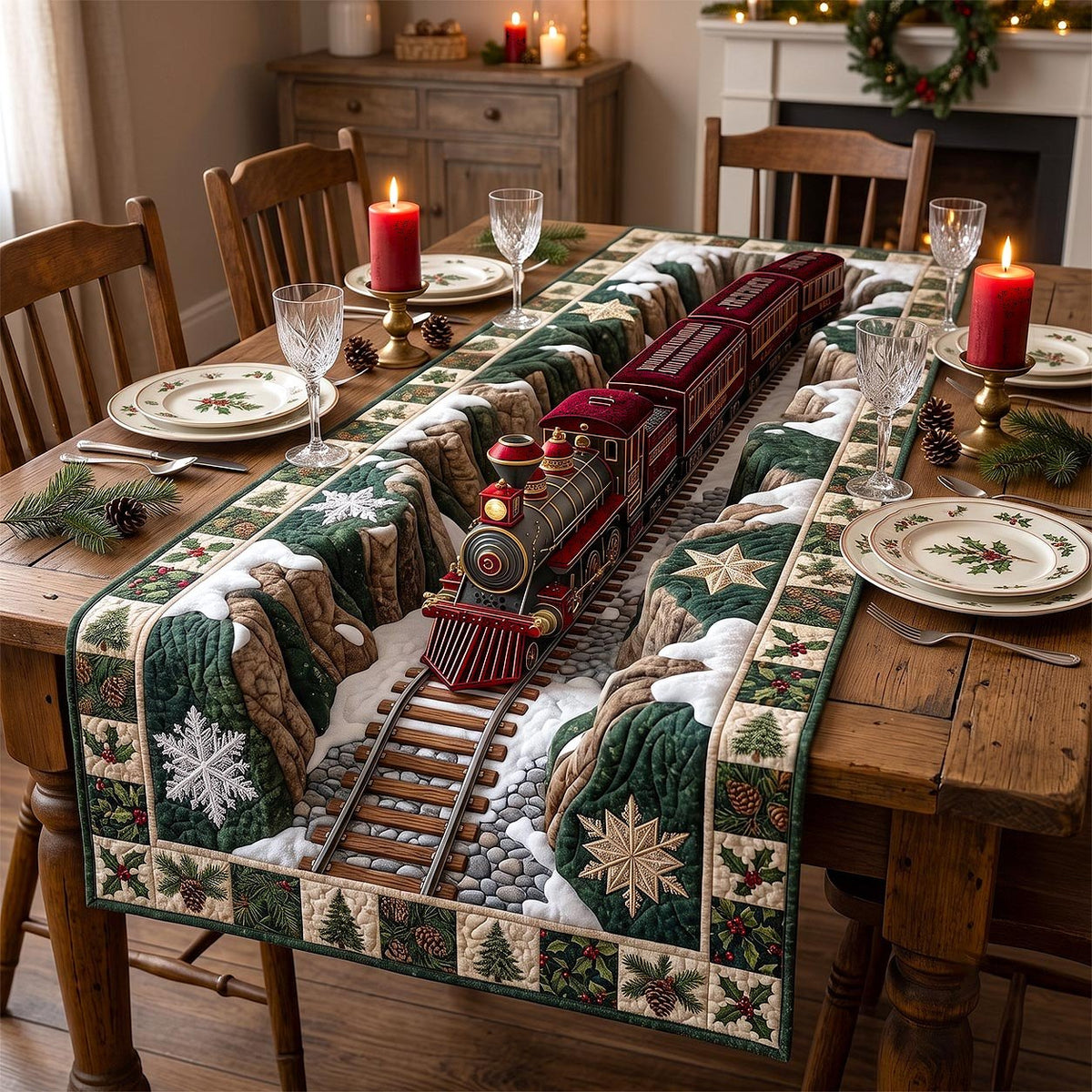 Red Train Evergreen Hills Table Runner