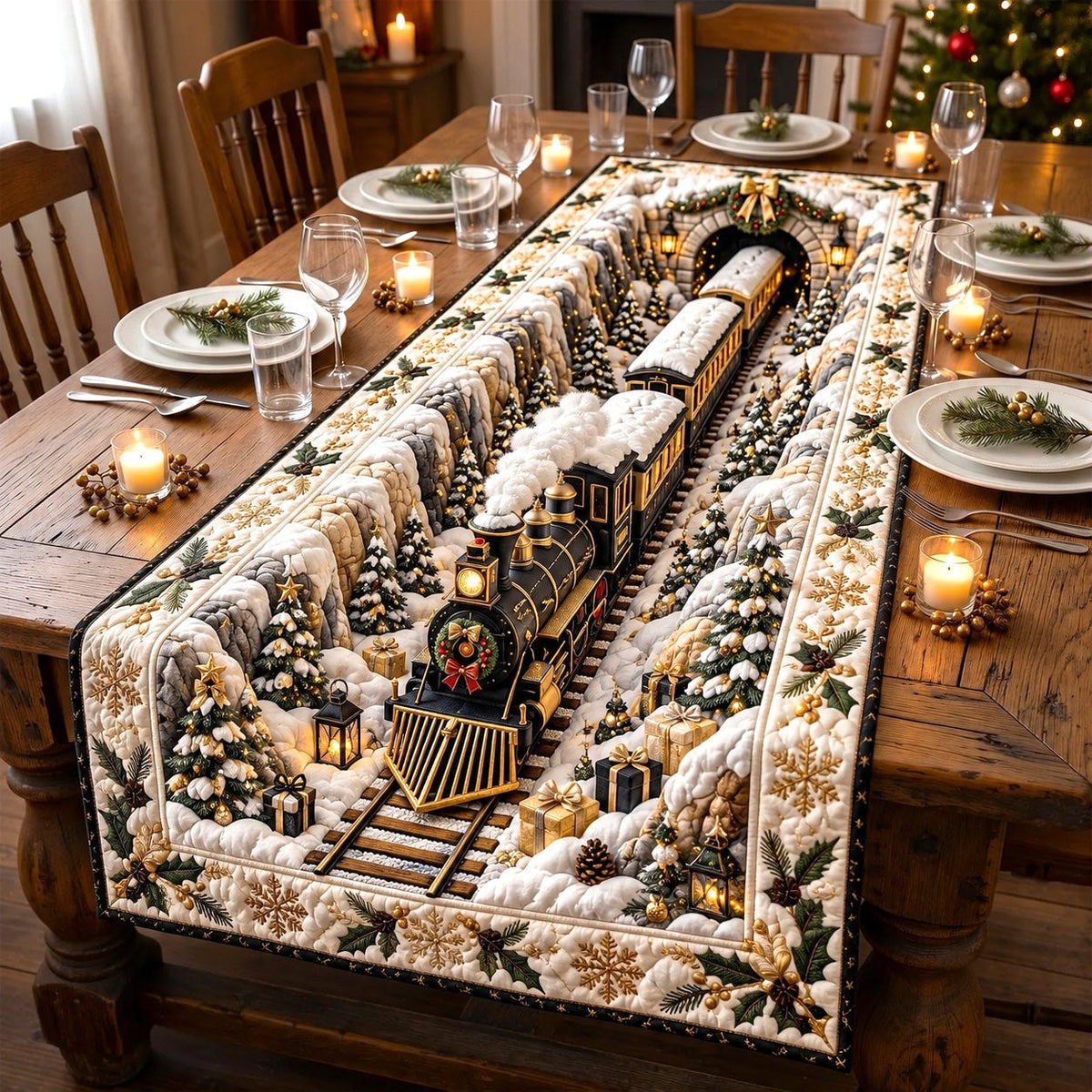 Golden Lantern Holiday Express Table Runner