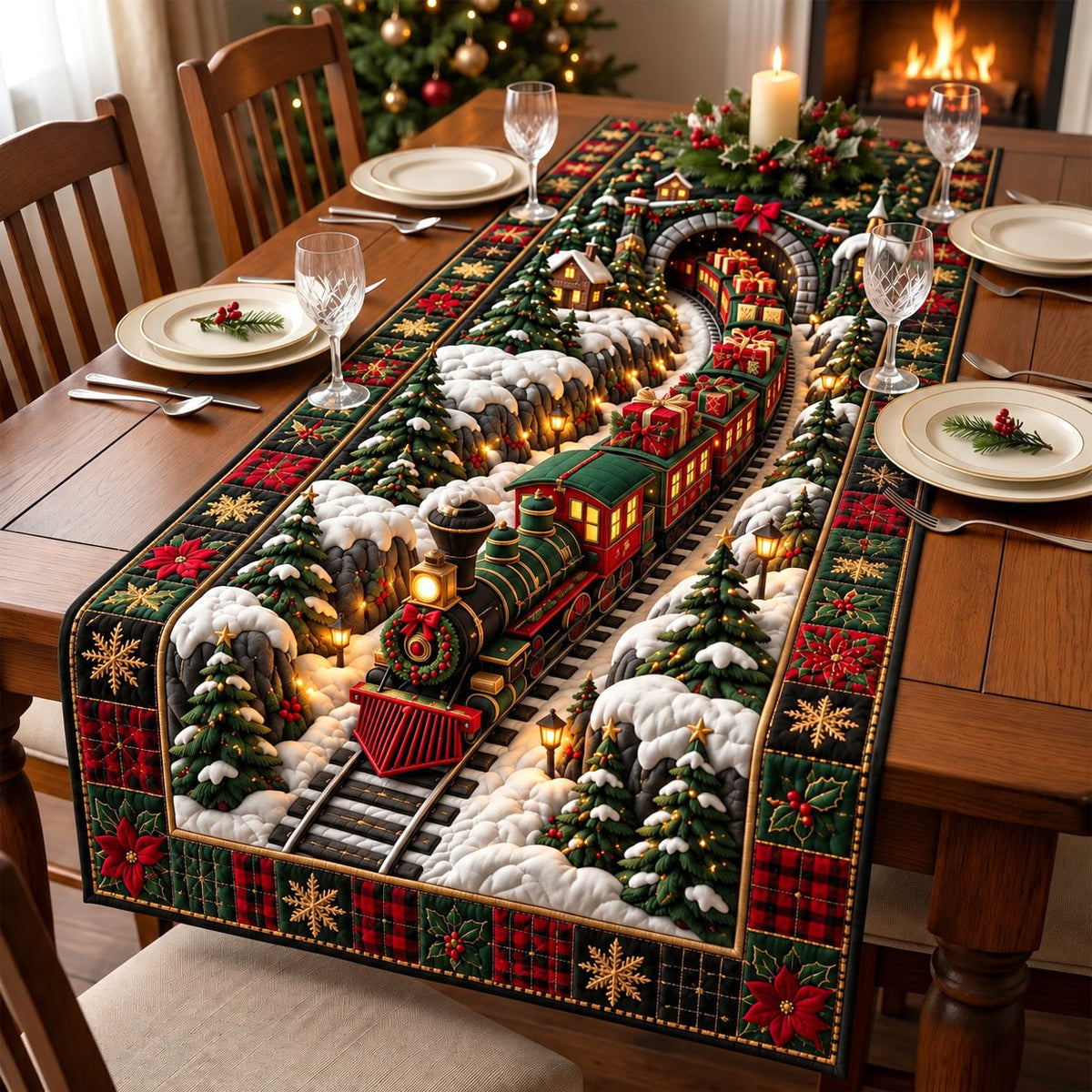Plaid Border Holiday Express Table Runner