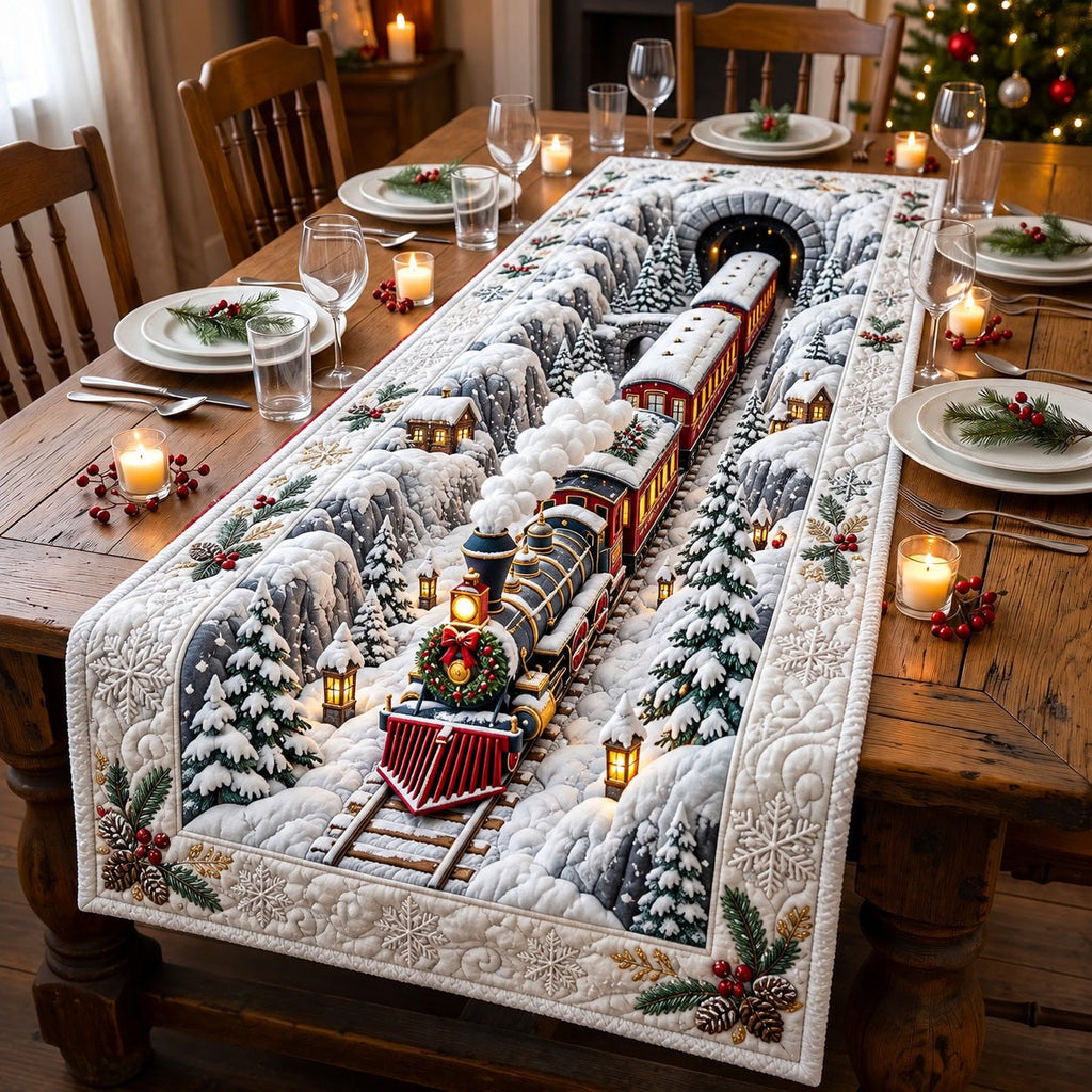Frosted White Holiday Express Table Runner