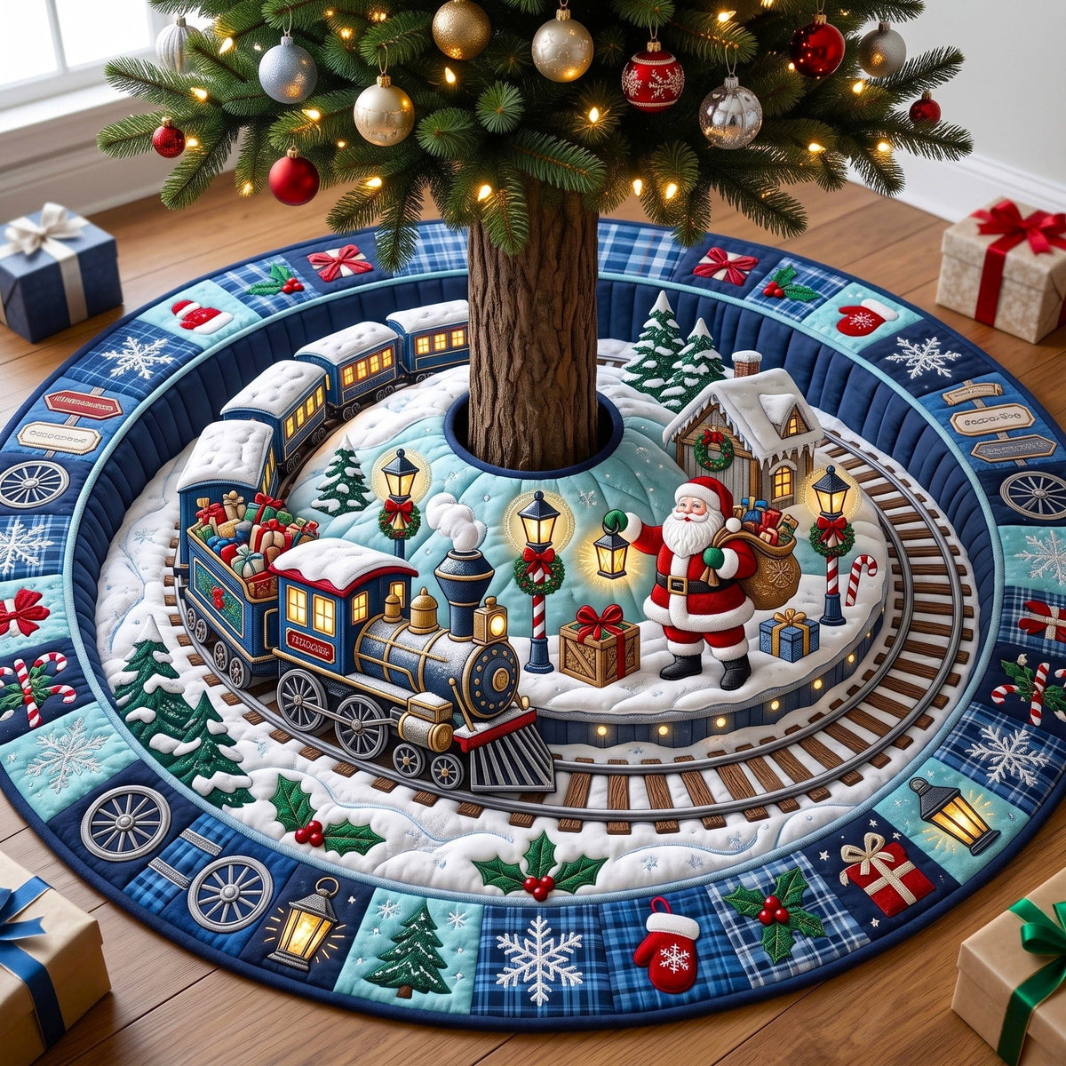 Santa Train Blue Village Express Christmas Tree Skirt