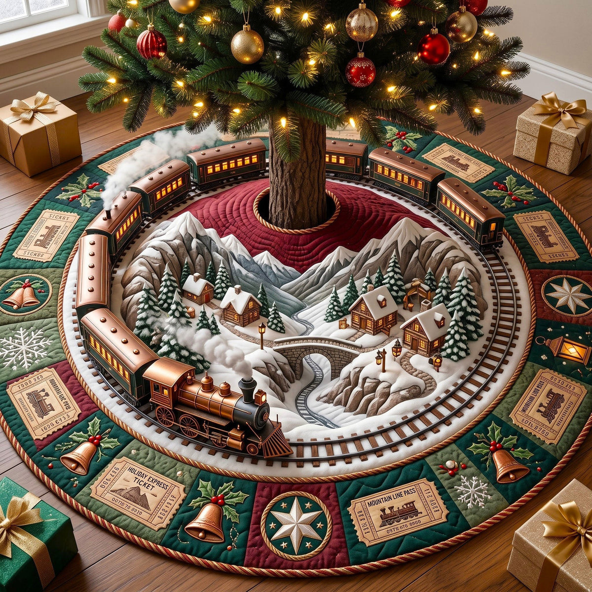 Mountain Train Green Express Christmas Tree Skirt