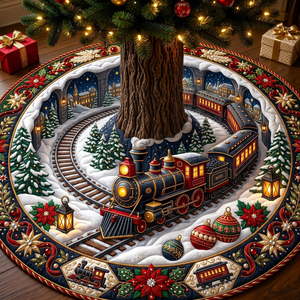 Red Locomotive Snow Express Christmas Tree Skirt