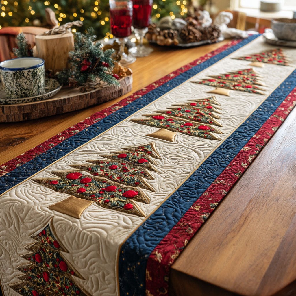 Christmas Trees on Cream with Red Table Runner