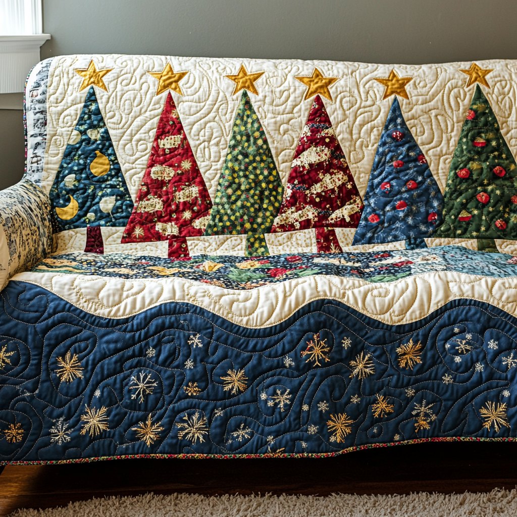 Christmas Trees on Navy Snowflakes Sofa Cover