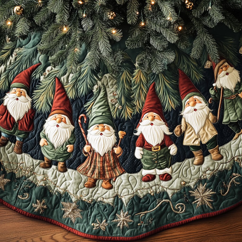 Gnome Line in the Forest Pines Christmas Tree Skirt