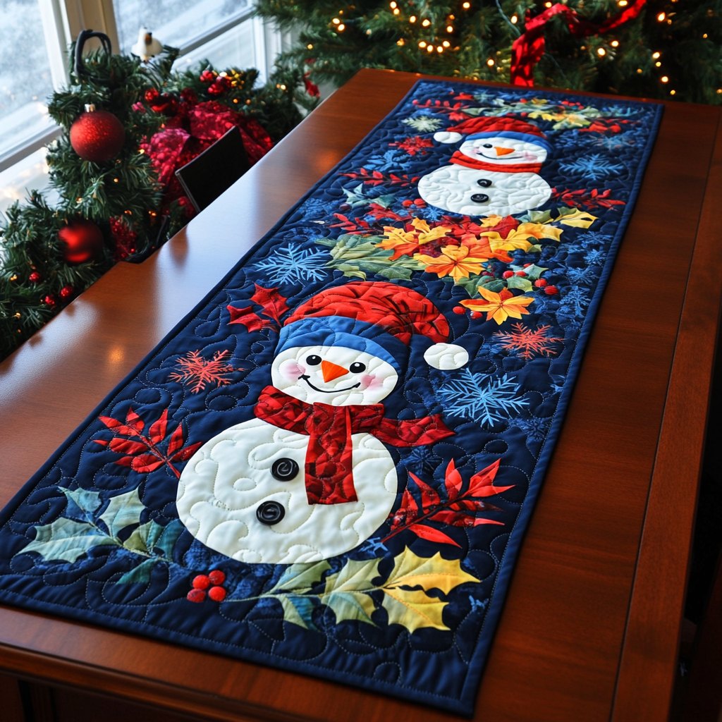 Snowmen on Navy with Berries Table Runner