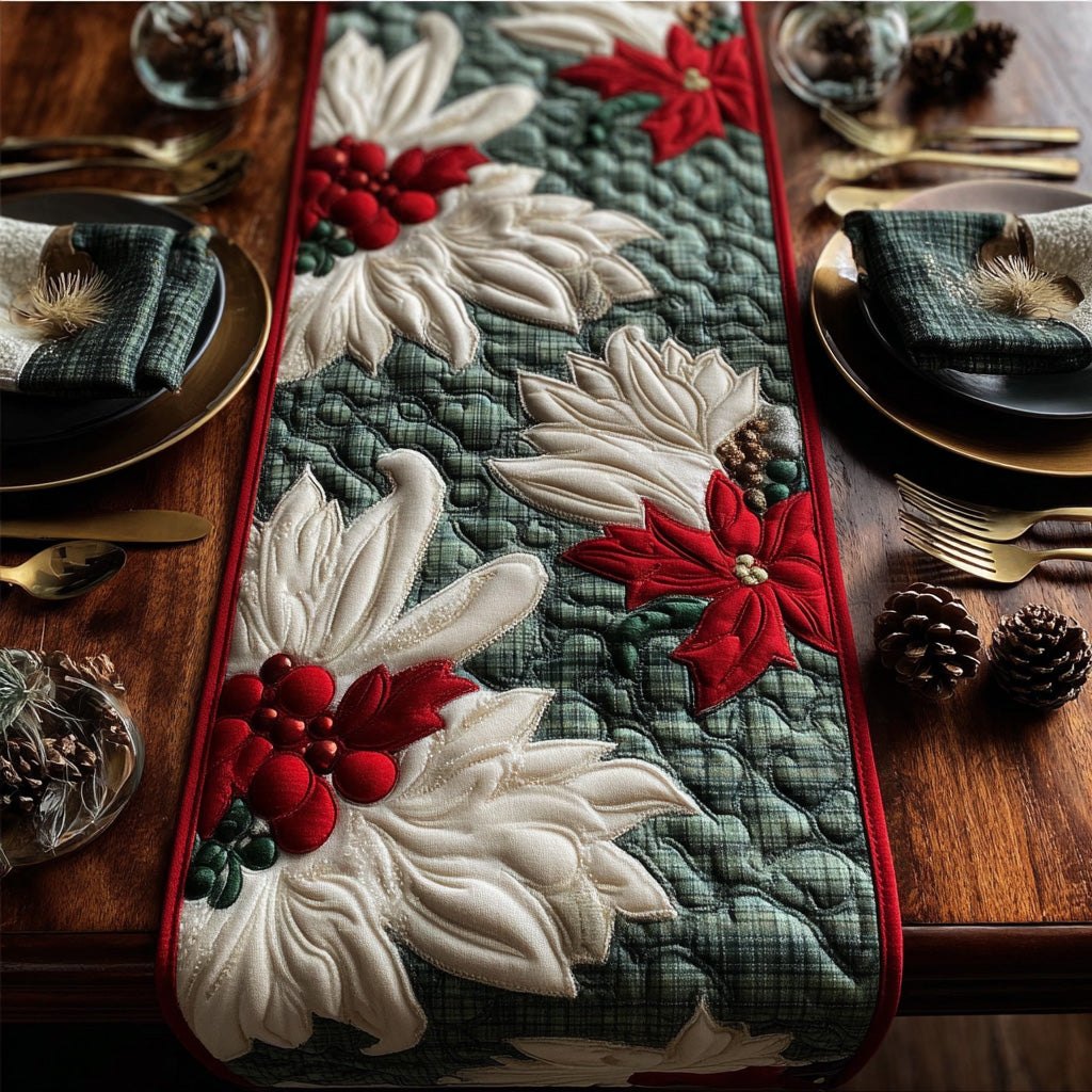 White Poinsettia on Green Plaid Table Runner