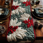 White Poinsettia on Green Plaid Table Runner