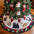 Cats in Stockings on the Holly Rim Christmas Tree Skirt