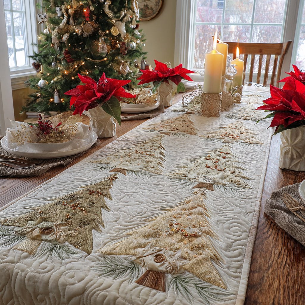 Tonal White Christmas Trees Table Runner