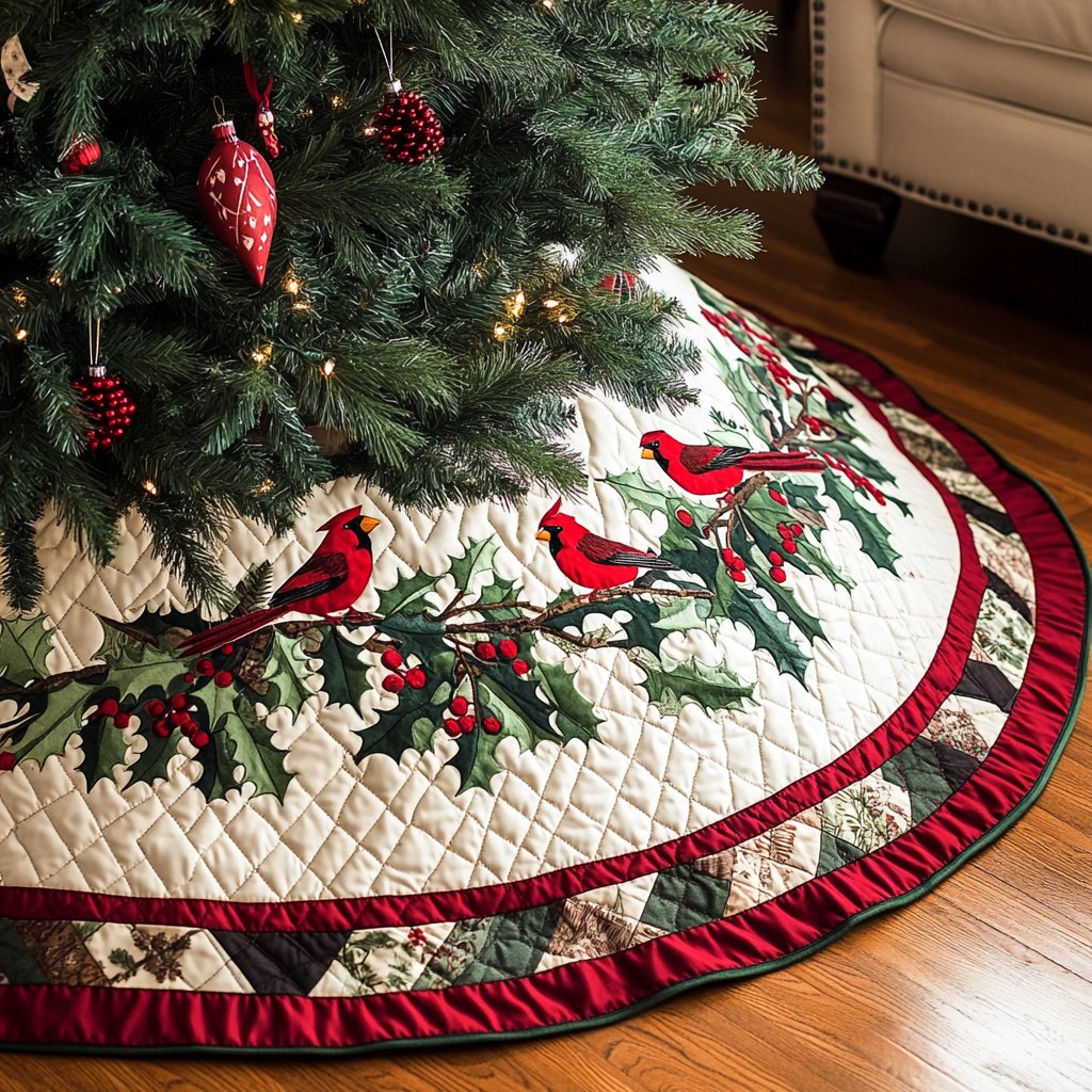 Cardinals on the Holly Bough Ring Christmas Tree Skirt