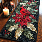 Cardinal with Poinsettia and Gold Leaves Table Runner