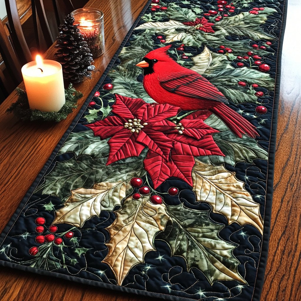 Cardinal with Poinsettia and Gold Leaves Table Runner