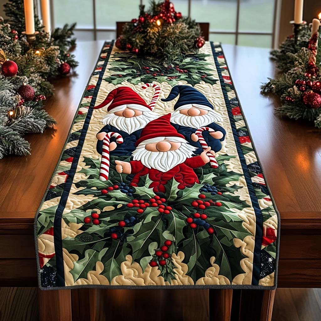 Santa Gnomes with Candy Canes Table Runner