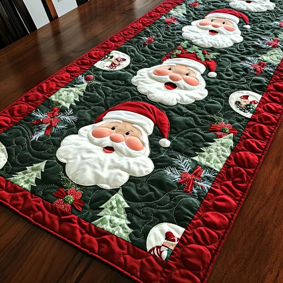 Santa Faces on Green Panel Table Runner