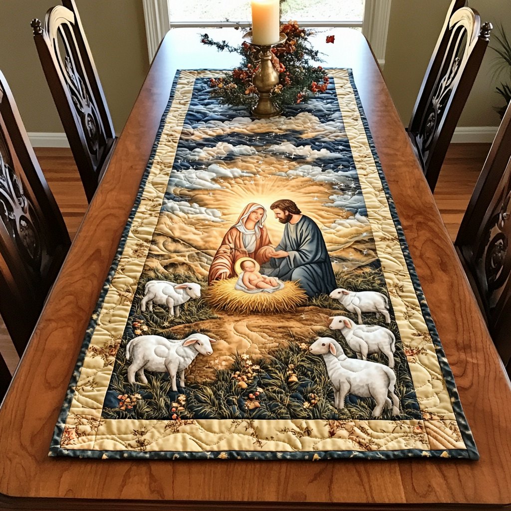 Nativity in Golden Field with Sheep Table Runner