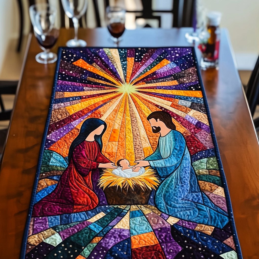 Stained Glass Nativity with Starburst Table Runner