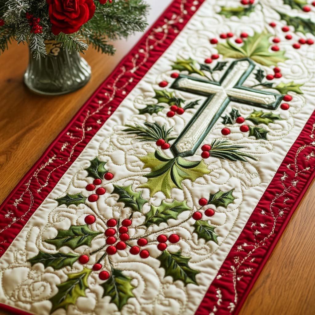 Cross with Holly and Berries Table Runner