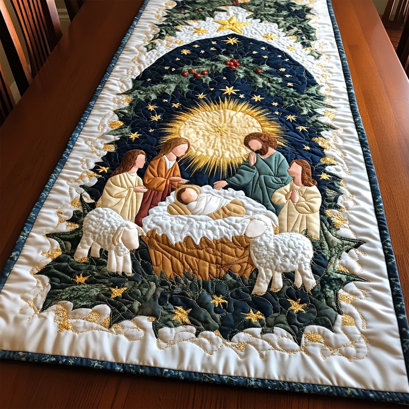Nativity with Sheep Under Star Table Runner
