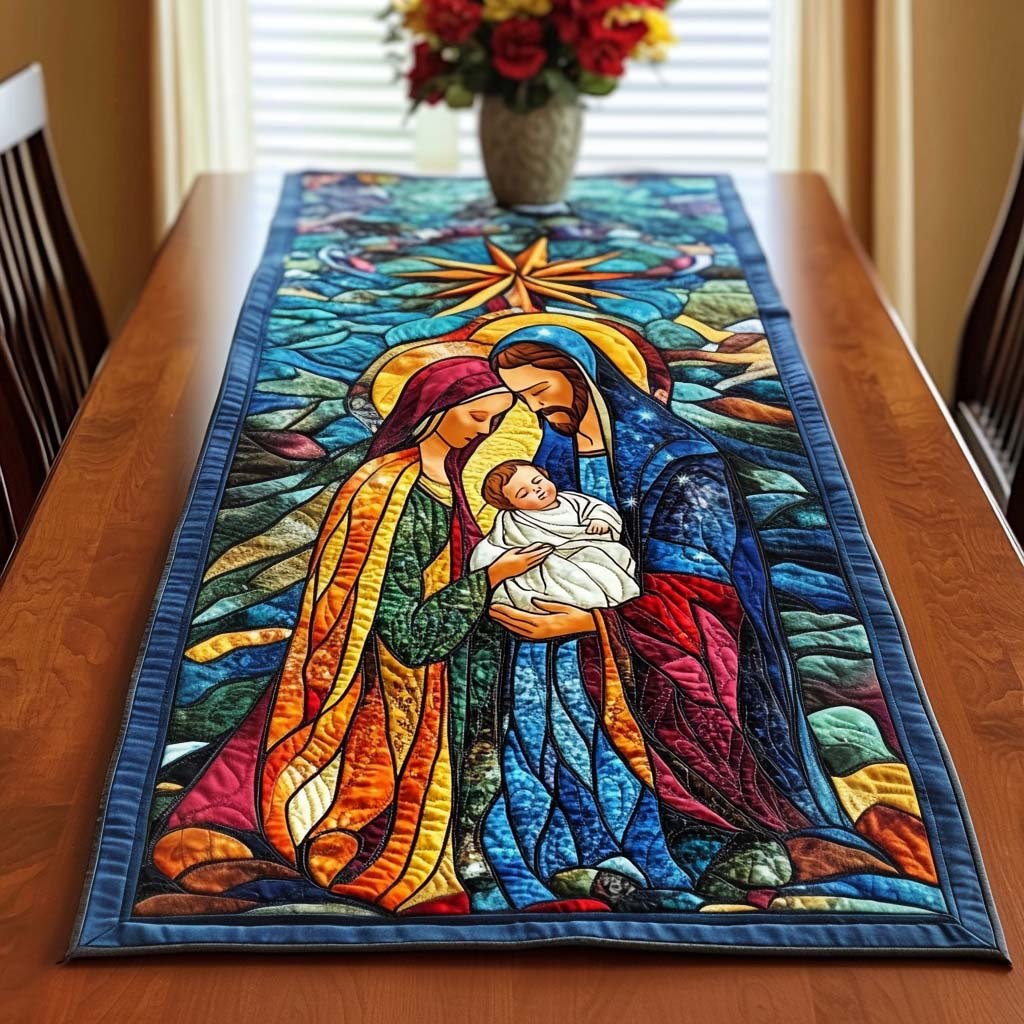 Stained Glass Holy Family in Blue Table Runner
